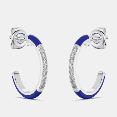 Pre-owned Made By Man Dark Blue Ceramic Sterling Silver Lab Grown Diamonds C Hoop Earrings