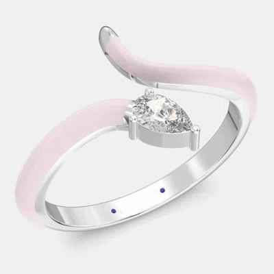 Pre-owned Made By Man Light Pink Ceramic Pear Shaped Contemporary Bypass Sterling Silver Lab Grown Diamond Ring Us 7