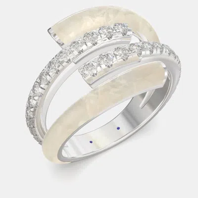 Pre-owned Made By Man Pearl White Ceramic Sterling Silver Lab Grown Diamond Bypass Single Row Accented Ring Us 7
