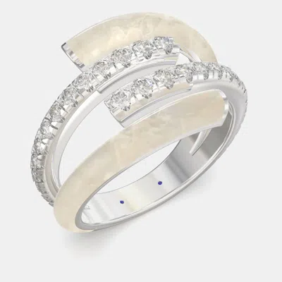 Pre-owned Made By Man Pearl White Ceramic Sterling Silver Lab Grown Diamond Double Bypass Two Row Accented Ring Us 7