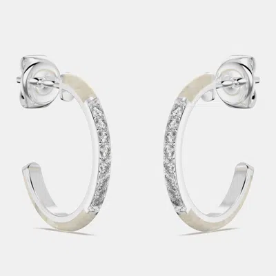 Pre-owned Made By Man Pearl White Ceramic Sterling Silver Lab Grown Diamonds C Hoop Earrings
