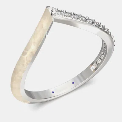 Pre-owned Made By Man Pearly White Ceramic Chevron Style Sterling Silver Lab Grown Diamond Ring Us 7