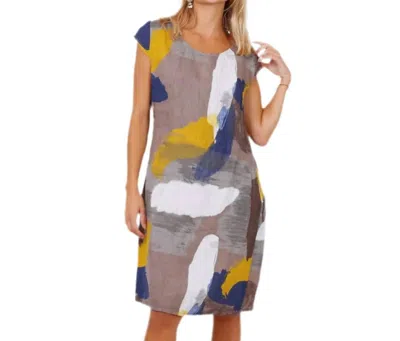 Made In Italy Abstract Print Linen Dress In Taupe In Multi