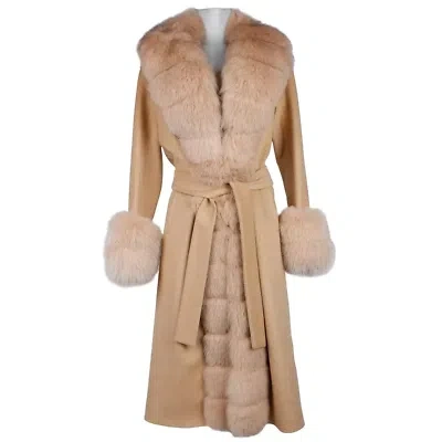 Pre-owned Made In Italy Elegant Wool Coat With Plush Fox Fur Trim In Beige