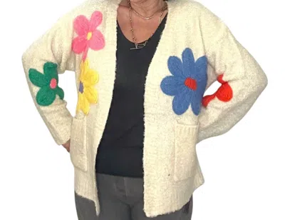 Made In Italy Floral Applique Open Cardigan In Cream In Yellow