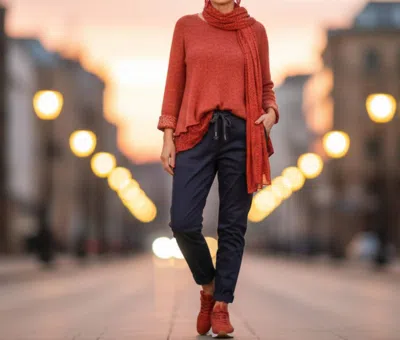 Made In Italy Knitted 2 Layer Top & Scarf In Red In Animal Print