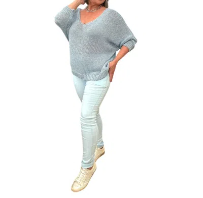 Made In Italy Loose Knit Metallic V-neck Top In Sky Blue