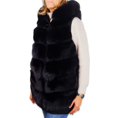 Made In Italy Sleeveless Wool Coat With Fox Fur Trim In Black