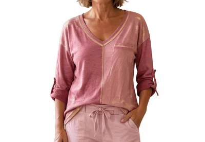 Made In Italy Two Tone Long Sleeve V-neck Top In Burgundy/pink In Multi