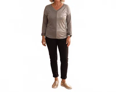 Made In Italy Two Tone Long Sleeve V-neck Top In Grey In Neutral