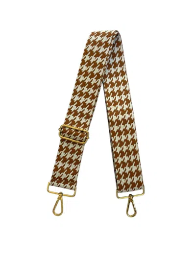 Made In Italy Women's Woven Guitar Style Bag Strap In Brown White Houndstooth In Gold