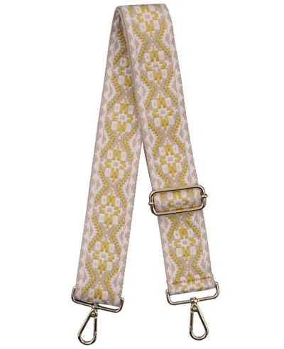 Made In Italy Women's Woven Guitar Style Bag Strap In Cream And Yellow Flower In Brown