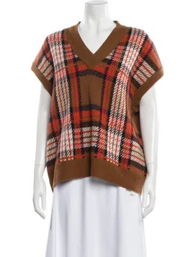 Pre-owned Made In Tomboy Wool Plaid Print Sweater In Brown
