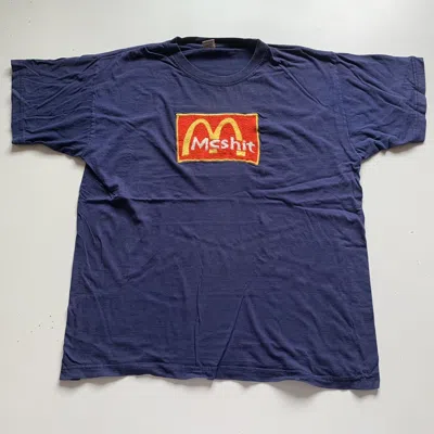Pre-owned Made In Usa Vintage 90's Mcshit Chenille Graphic Mcdonald's Parody Shirt In Navy