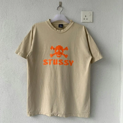 Pre-owned Made In Usa X Stussy T Shirt Spell Out Big Logo. Stussy Cross Skull In Beige