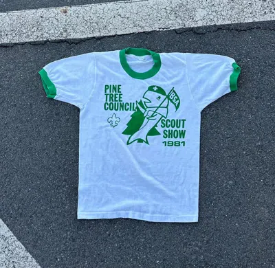 Pre-owned Made In Usa X Vintage 80's Pine Tree Council Boy Scout Graphic Ringer Tee In Green/white