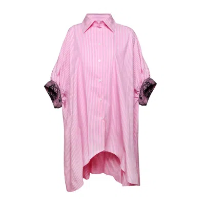 Madebyza Women's Pink Striped Oversized Shirt With Lace Cuff Detail
