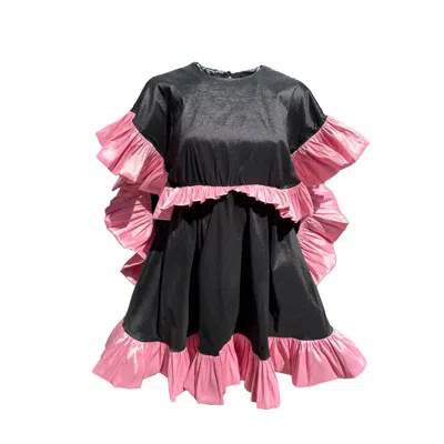 Madeleine Simon Studio Women's Superheroine Pink And Black Ruffle Taffeta Cocktail Dress In Black/pink