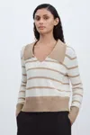 Madeleine Thompson White/beige Cashmere Open Collar Striped Jumper In White/beige