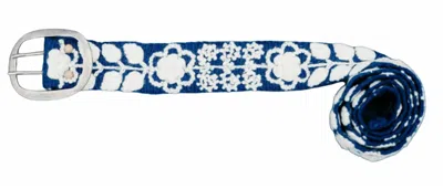 Madeline Embroidered Belt In Royal Blue And White In Multi