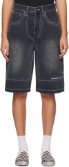 Mademe Black Double-knee Denim Shorts In Faded Black