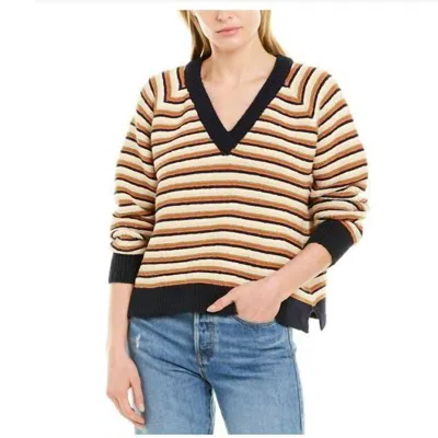 Madewell Arden Pullover V-neck Cotton Stripe Sweater In Navy, White, Yellow In Multi