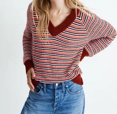 Madewell Arden Striped Vneck Cotton Sweater In Multicolor In Pink