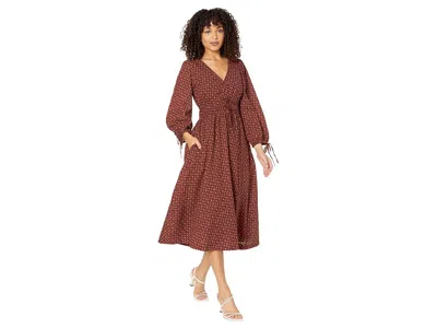 Madewell Arianne - Print Long Sleeve Tie Midi Dress - Cotton Seersucker Women's Clothing Burnished Mahogany:  In Brown