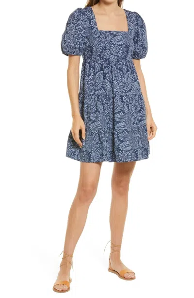 Madewell Babydoll Dress Women's Blue Paisley Print Tiered Puff Sleeve Red654