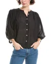 Madewell Shirred Crewneck Button-up Top In Black