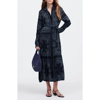 Madewell Bandana Print Relaxed Long Sleeve Tiered Midi Dress In Blue