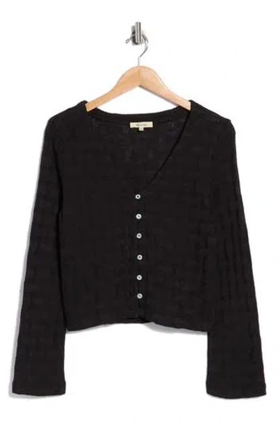 Madewell Basket Weave Knit Bell-sleeve Button-up Shirt In Black