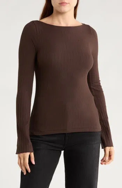 Madewell Boat Neck Long Sleeve Rib Top In Brown