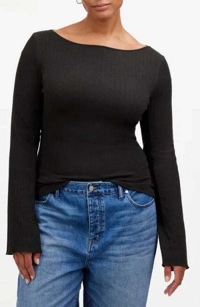 Madewell Boat Neck Long Sleeve Rib Top In Jet Black