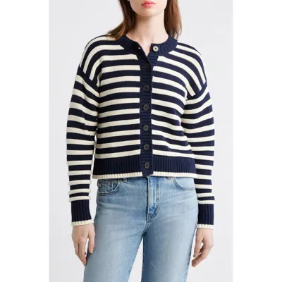 Madewell Button Front Cotton Crewneck Cardigan In Blue