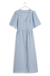 Madewell Cassie Button Front Linen Midi Dress In Powder Blue