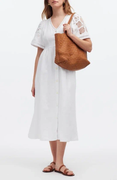 Madewell Cassie Openwork Detail Linen Button-front Midi Dress In Eyelet  White | ModeSens