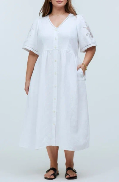 Madewell Cassie Openwork Detail Linen Button-up Midi Dress In Eyelet White