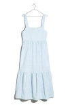 Madewell Cicely Patchwork Tiered Midi Dress In Blue/white