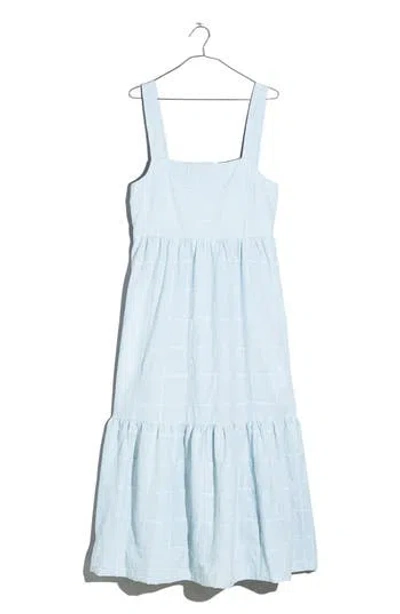Madewell Cicely Patchwork Tiered Midi Dress In Blue/white