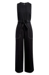 Madewell Contrast Stitch Relaxed Linen Straight Leg Jumpsuit In Jet Black
