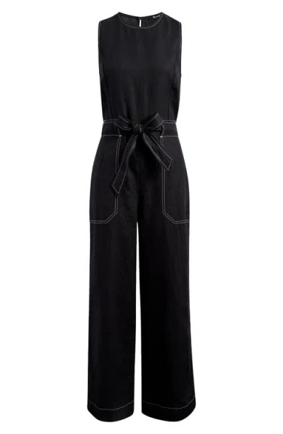 Madewell Contrast Stitch Relaxed Linen Straight Leg Jumpsuit In Jet Black