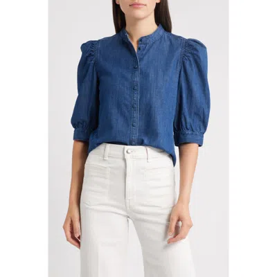 Madewell Denim Puff Sleeve Band Collar Shirt In Blue