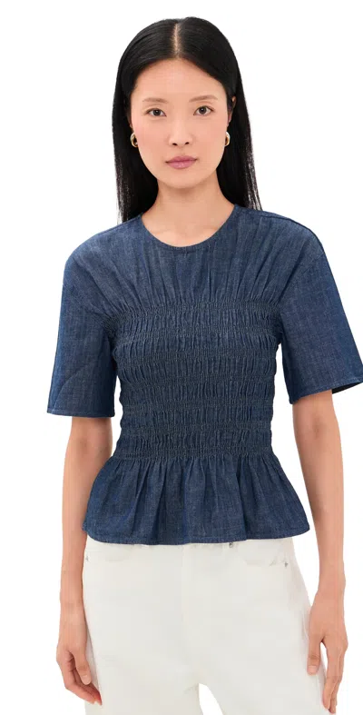 Madewell Denim Smocked Top Light Rinse In Blue