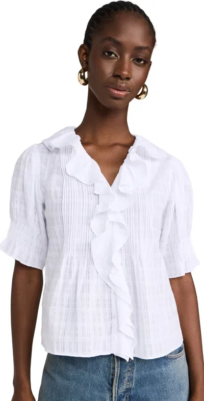 Madewell Windowpane Plaid Ruffle Puff Sleeve Top In White