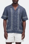 Madewell Easy Embroidered Short Sleeve Linen Blend Button-up Shirt In Night Indigo
