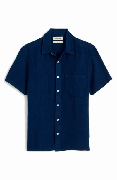 Madewell Easy Linen Short-sleeve Button-up Shirt In Dark Blue Wash