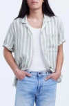 Madewell Short Sleeve Linen Stripe Woven Aloe Green Stripe In Dried Aloe