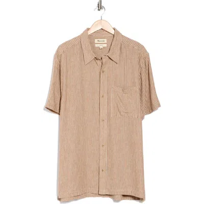 Madewell Easy Stripe Short Sleeve Linen Blend Button-up Shirt In Warm Coffee
