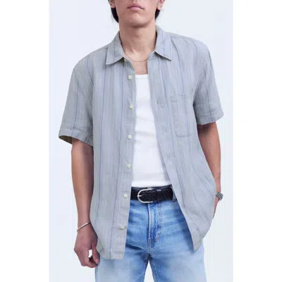 Madewell Easy Stripe Short Sleeve Linen Button-up Shirt In Dusty Pool
